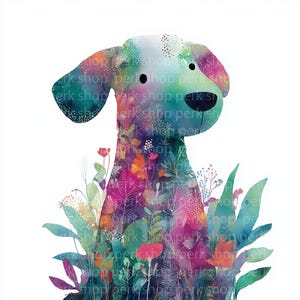 May include: Watercolor illustration of a dog with a floral pattern. The dog is depicted in shades of blue, green, pink, and purple, with a variety of flowers and foliage. The artwork has a whimsical and artistic style, set against a white background.