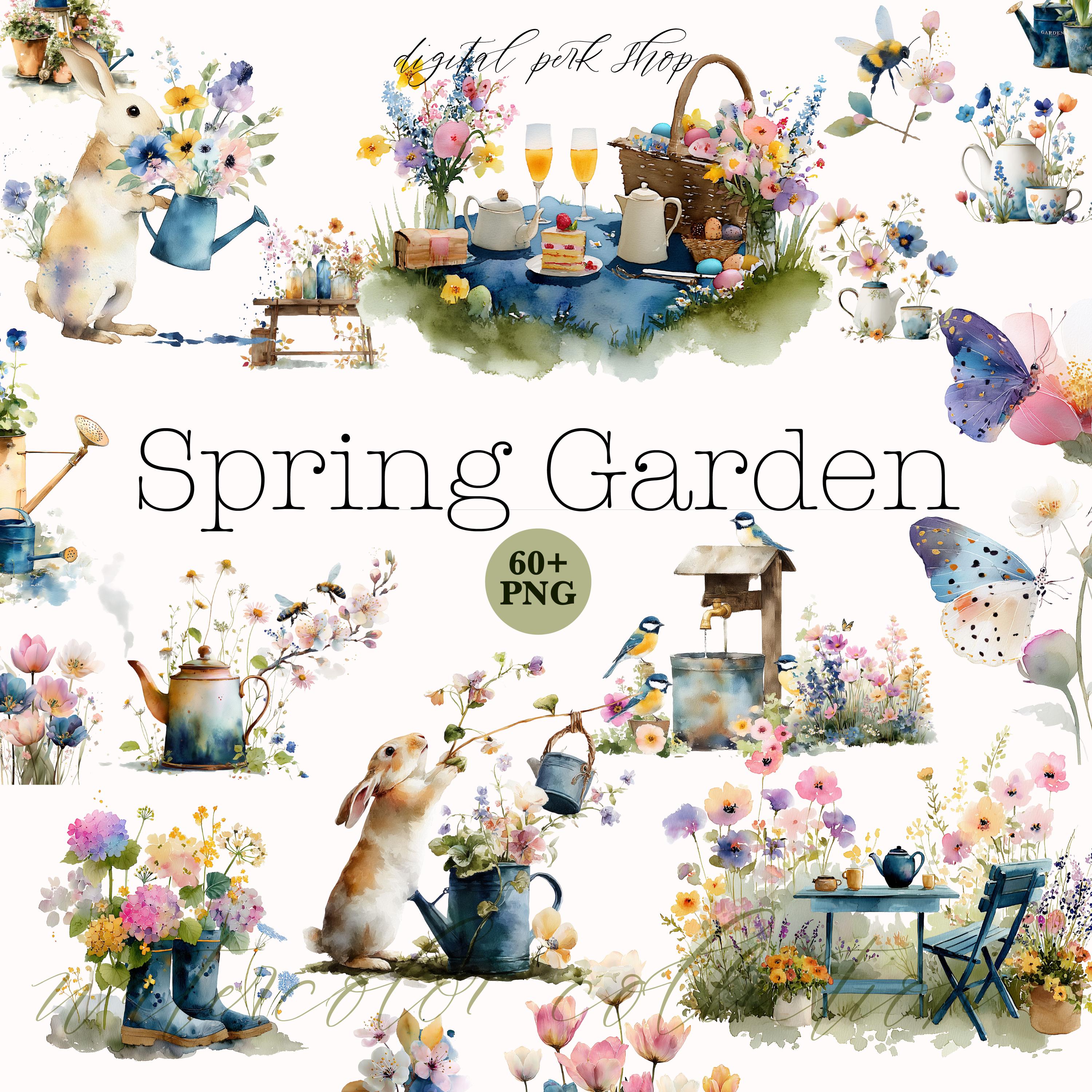 Spring Garden Clipart PNG, Easter Bunny Clipart, Watercolor Spring ...