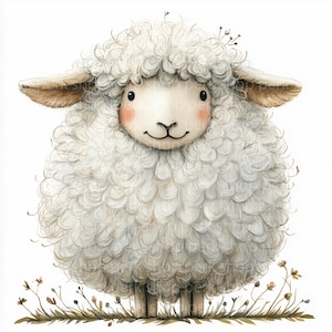 May include: A white fluffy sheep with a brown nose and ears, standing in a field of green grass and wildflowers.