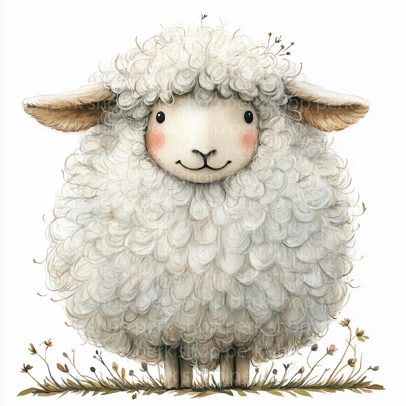 May include: A white fluffy sheep with a brown nose and ears, standing in a field of green grass and wildflowers.