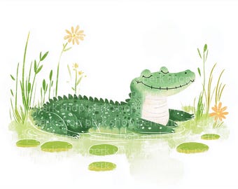 Cute Crocodile Clipart PNG, Baby Alligator Watercolor Illustration, Jungle Animal Clipart, Kids Nursery Animal PNG, Cute Reptile Clipart