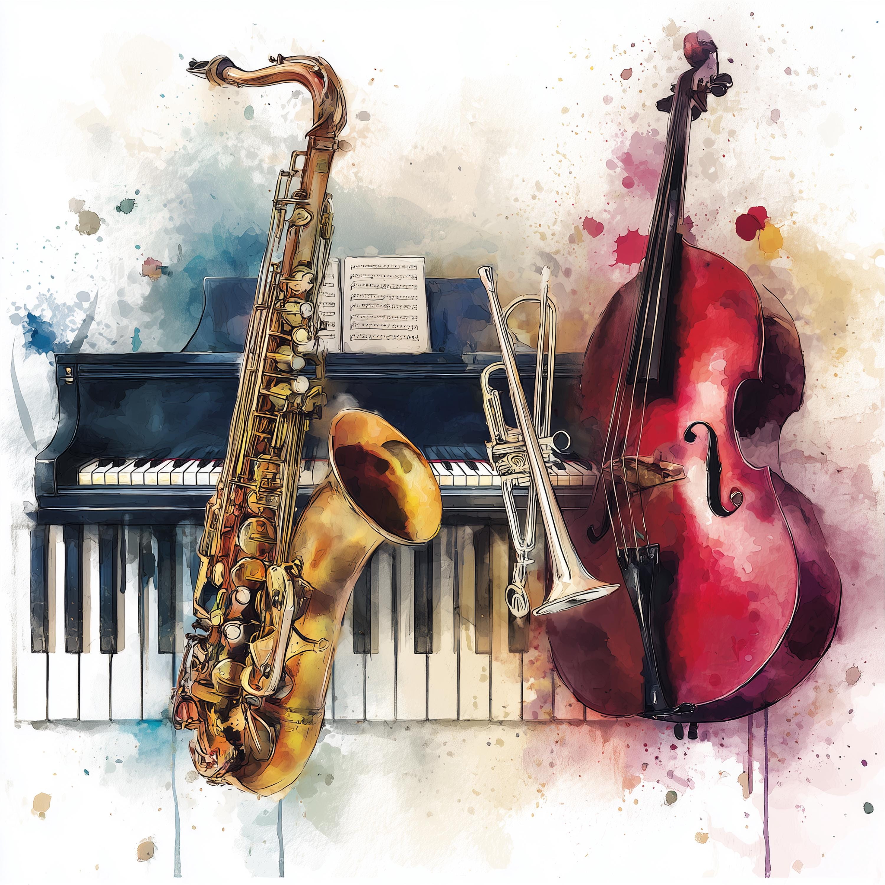 Watercolor Jazz Instruments Clipart: Piano, Saxophone, Trumpet
