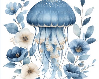 花柄クラゲのクリップアートセット：青い水彩画の海のアート（JPG