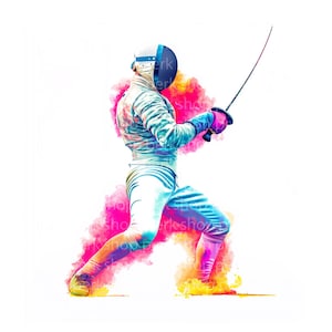 May include: A colorful illustration of a fencer in action, poised to strike with a sword. The fencer wears a white uniform, a blue and white mask, and pink gloves. The image features vibrant splashes of pink, blue, and yellow, creating a dynamic effect.