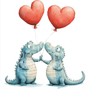 Lovely alligators clipart, Valentine crocodiles love couple printable card, romantic craft paper, sticker junk journal, digital download