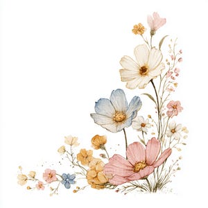 May include: A watercolour illustration of a floral arrangement. The image features a collection of flowers in pastel shades, including white, blue, pink, and yellow. The flowers have green stems and leaves, set against a white background.
