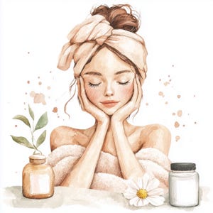 May include: A woman with a towel wrapped around her head is shown with her eyes closed and hands resting on her cheeks. She is wearing a white robe and there are two bottles of lotion on the table in front of her. One bottle is brown and the other is white.