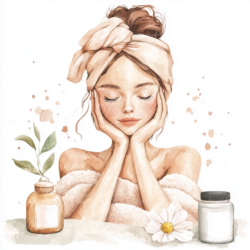 May include: A woman with a towel wrapped around her head is shown with her eyes closed and hands resting on her cheeks. She is wearing a white robe and there are two bottles of lotion on the table in front of her. One bottle is brown and the other is white.
