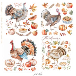 Clipart d'automne dinde de Thanksgiving, aquarelle florale d'automne, papier artisanal imprimable, autocollants, sublimation, scrapbooking, carte d'invitation numérique