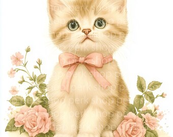 ヴィンテージ水彩子猫プリント - ピンクのバラ、花柄猫アート