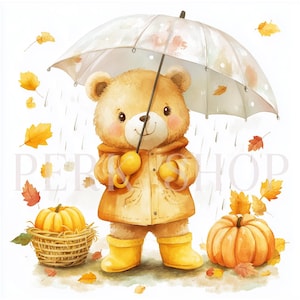 11 ensemble de cliparts lunatique automne bébé ours avec parapluie - téléchargement numérique, art imprimable pour chambre d'enfant, décoration de chambre d'enfants, travaux manuels en papier de journal indésirable