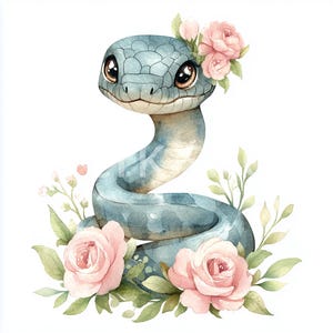 8 Snake with Rose Clipart, Cartoon Reptile Watercolor Digital art, Nursery decor, Kids Room printable design, Animal Wall Poster, Download