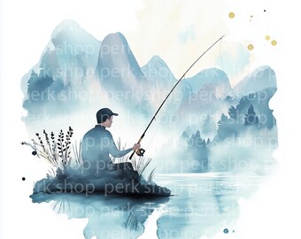 釣り人の水彩画クリップアート：ボートの風景画（デジタルダウンロード