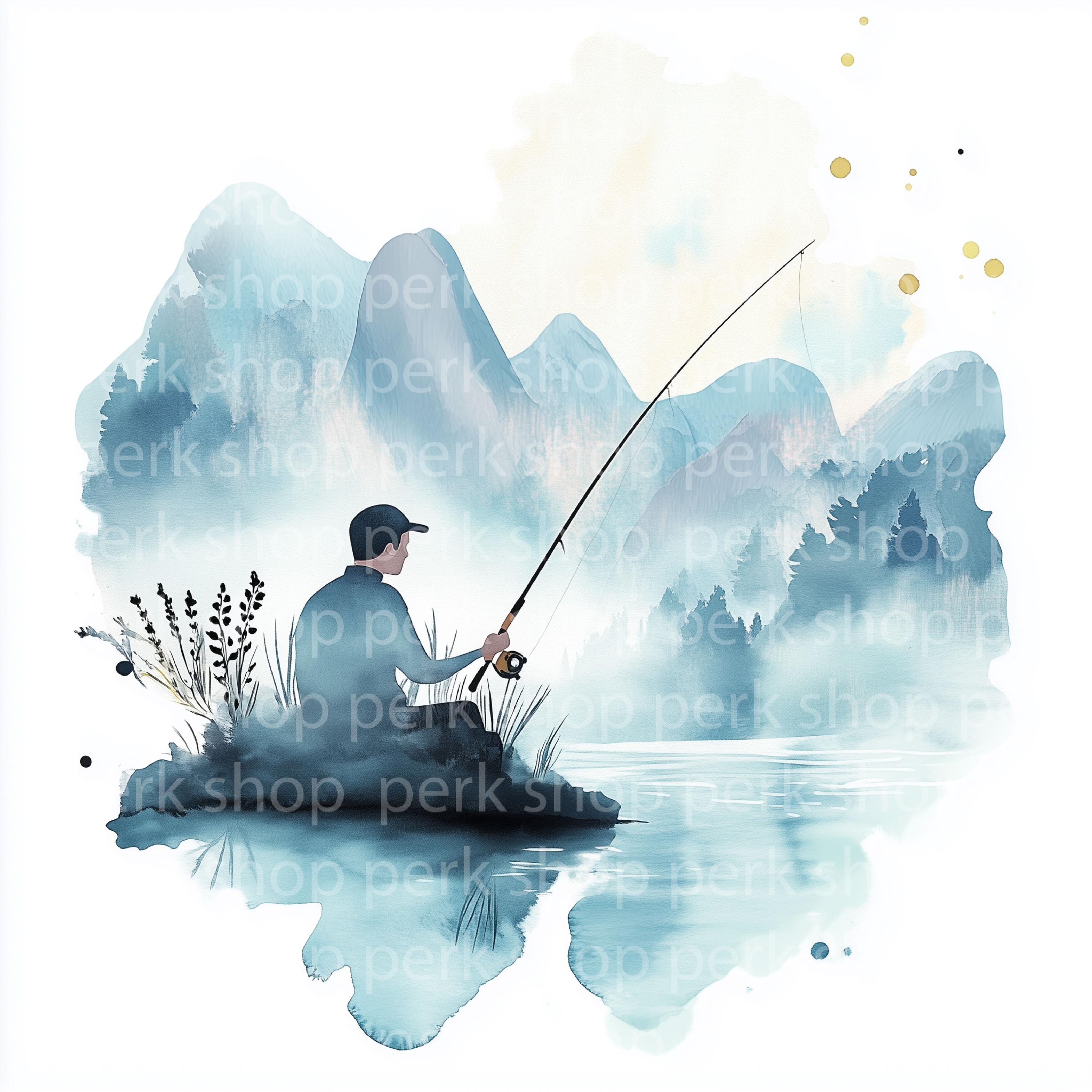 釣り人の水彩画クリップアート：ボートの風景画（デジタルダウンロード
