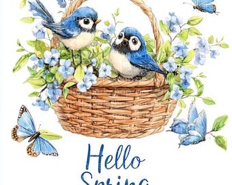 Watercolor Spring Floral Basket Clipart: Birds and Butterflies (Digital Download)