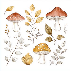 7 cliparts de champignons des bois, illustration aquarelle de champignons de la forêt rustique pour une décoration d'automne, téléchargement numérique sur le thème de la nature, scrapbooking, JPG