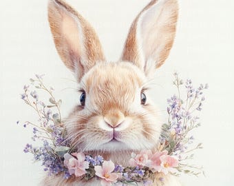 Watercolor Easter Bunny Clipart: Floral Wreath Illustration (Digital Download)