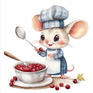 12 cliparts chef souris, aquarelle sauce aux canneberges, clipart animal automne mignon, papier créatif de cuisiniers imprimable, scrapbooking, téléchargement numérique