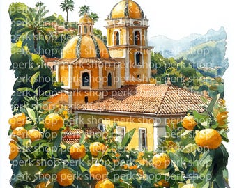 Amalfi Coast Watercolor Clipart, Italian Landscape, Cathedral (Digital Art Print)