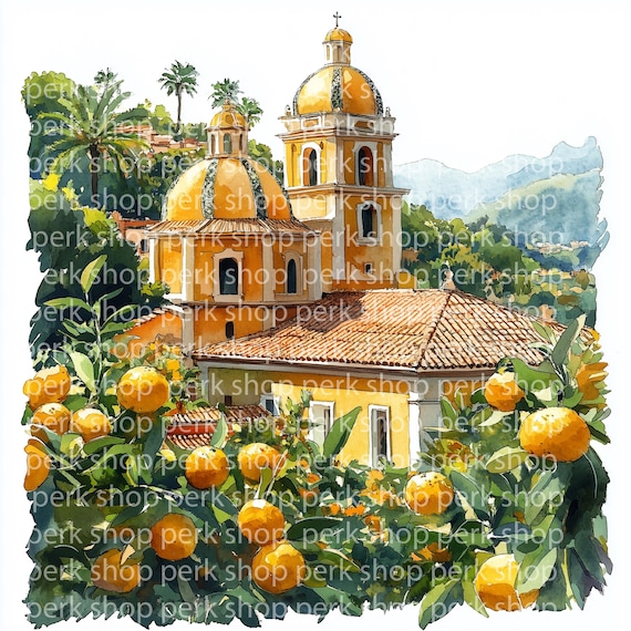 アマルフィ海岸の水彩画クリップアート、イタリアの風景、大聖堂