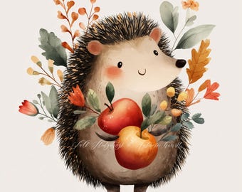 Clipart hérisson d'automne : aquarelle animaux d'automne et récolte (fichiers JPG)
