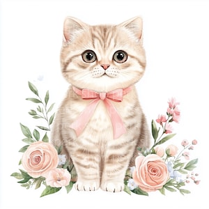 8 chatons aquarelle vintage avec des roses roses - Illustration de chat mignon, Clipart animalier floral, Art mural imprimable pour chambre d'enfant, téléchargement numérique