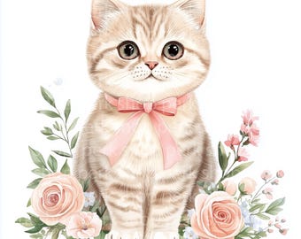 ヴィンテージ水彩子猫プリント - ピンクのバラ、花柄猫アート