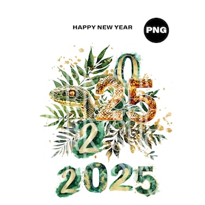 2025 png clipart, Feliz Ano Novo aquarela verde esmeralda ouro cobra cartão para impressão, Papel artesanal, planejador de adesivos, álbum de recortes digital, lixo