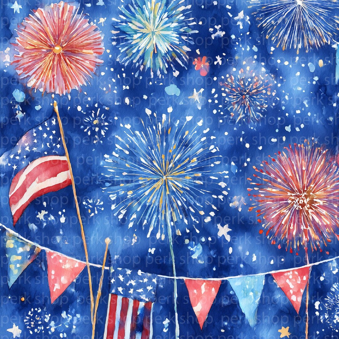 4th of July Watercolor Clipart Bundle, Patriotic USA Fireworks and ...