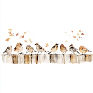 Könnte beinhalten: Aquarellillustration von acht Vögeln, die auf einem Holzzaun sitzen. Die Vögel sind in verschiedenen Braun- und Beigetönen gehalten und weisen detaillierte Federmuster auf. Herbstblätter sind im Hintergrund verstreut und schaffen eine ruhige, von der Natur inspirierte Szene.