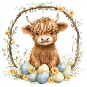Easter Highland Cow Clipart: Floral Baby Cow, Spring Scrapbook (JPG)