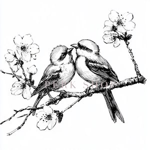 Imágenes prediseñadas de pájaros de primavera dibujados a mano, rama floral de primavera romántica, PNG de estilo vintage, invitaciones de boda, papel artesanal, impresión digital de Pascua, lindo