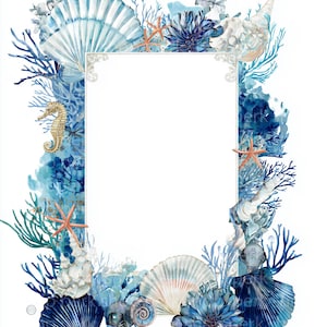 May include: A rectangular frame decorated with watercolor illustrations of blue and white seashells, coral branches, a seahorse, and a small fish. The central area is a blank white space surrounded by these detailed marine life elements.
