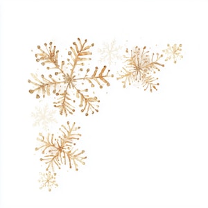 May include: Gold glitter snowflakes on a white background. The snowflakes are arranged in a corner design, with varying sizes and a watercolor effect. The design is suitable for holiday or winter-themed projects.