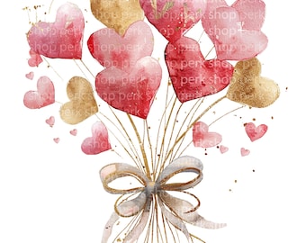 May include: Watercolor illustration of a bouquet of hearts in shades of red and gold, tied with a gray and white bow. The hearts are arranged in a cluster, with some floating away. Gold accents and text are visible.