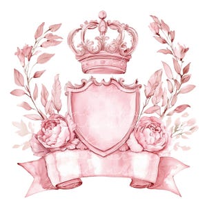 9 Preppy Rose rosa Wappen Aquarell Clipart, Hochzeit oder Geburtstag druckbare Kunst, Papierhandwerk, Geburtstagskarte, Junk-Journal