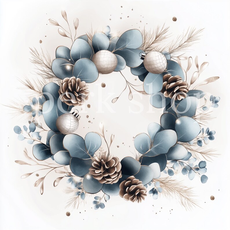 10 Christmas Eucalyptus Wreath Clipart, Winter Watercolor Foliage