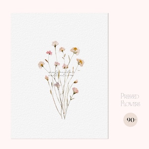 May include: A white textured print featuring a delicate arrangement of watercolor-style wildflowers in shades of pink, white, and yellow. The text "watercolor collection" is centered over the stems, with "PRESSED FLOWERS" and "90+" to the right.