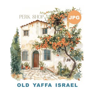 11 clipart antigo de Yaffa Tel-Aviv, paisagem em aquarela de ruas de frutas cítricas laranja de Israel, download digital, arte de dormitório de parede para impressão, papel de scrapbook