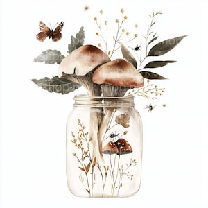8 cliparts en pot champignon, composition botanique bohème, automne herbes aquarelle imprimable, haute qualité JPG, images de scrapbooking, journal intime, art mural