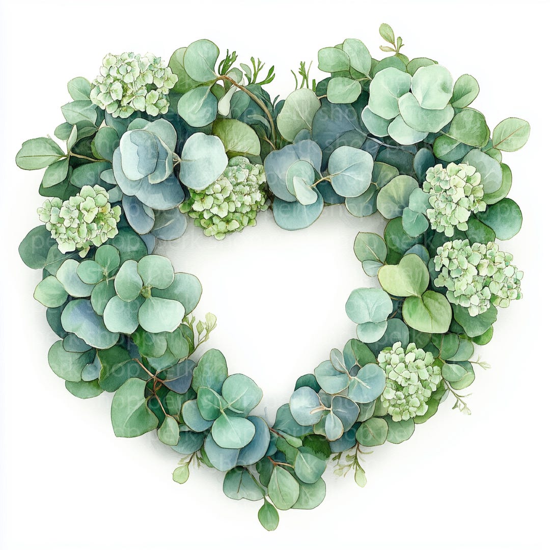 Watercolor Eucalyptus Heart Wreath Clipart: Floral Wedding Invitation ...