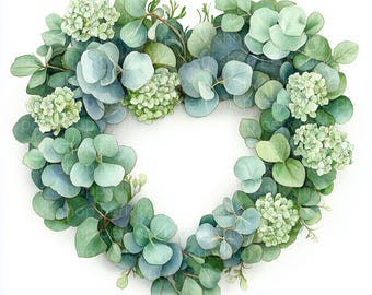 May include: A heart-shaped wreath composed of green eucalyptus leaves and light green hydrangea flowers. The leaves vary in shades of green and blue-green, creating a natural, botanical design. The wreath is set against a white background.