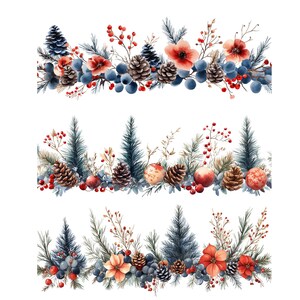 Bordas botânicas de Natal aquarela clipart, Guirlanda de inverno decoração para impressão, Adesivos de papel artesanal, Download digital, scrapbooking, cartões