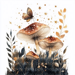 Mushroom Autumn Clipart: Boho Watercolor Fall Leaves (JPG Digital Download)