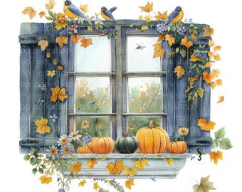 Watercolor Fall Window Clipart: Pumpkin Harvest Scene (Digital Download)