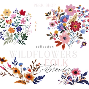 Wildblumen Folk Stickerei Clipart png - Digitale Kunst für Handwerker, Nähen Blumenmotiv Handarbeiten, DIY dekorative Elemente, Blumenaufkleber