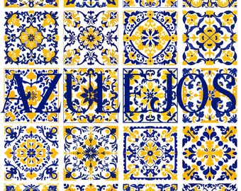 May include: A collection of 16 blue and yellow patterned tiles with the word "AZULEJOS" in blue letters across the middle.