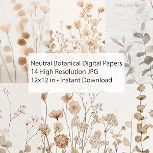 Könnte beinhalten: Eine Sammlung neutraler botanischer Digitalpapiere mit floralen und Blattmustern in Beige- und Brauntönen. Der Text lautet: "Neutral Botanical Digital Papers 14 High Resolution JPG 30.48x30.48 cm • Instant Download."