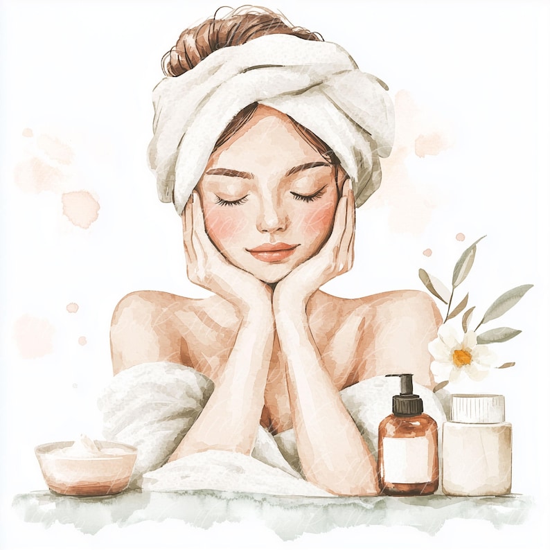 May include: A woman with a white towel wrapped around her head is relaxing with her hands on her face. She is surrounded by skincare products, including a white jar, a brown bottle with a pump, and a white bottle with a lid. The background is a light pink watercolor wash.