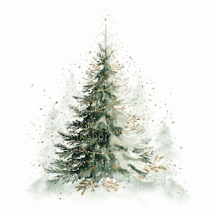 Puede incluir: Ilustración en acuarela de un árbol de Navidad con detalles dorados. El árbol es de color verde suave con purpurina y luces doradas. El fondo es blanco con un efecto suave y borroso.